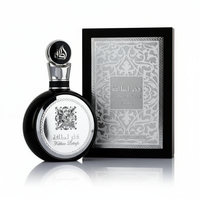 Fakhar Silver edp lelaki kaca bulat hitam pembungkusan mewah dekat depan