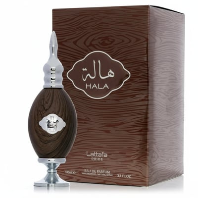 Hala Lattafa EDP lelaki haruman kayu coklat dekat pembungkusan kayu sepadan