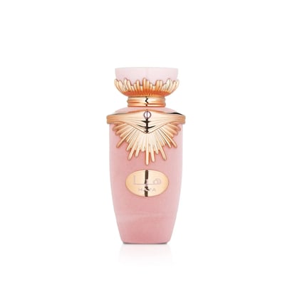 Haya Lattafa perempuan pink glass gold cap classy design dekat depan sisi