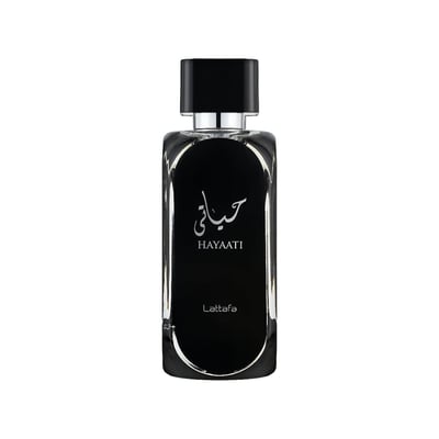 Hayaati Men Lattafa edp spray segi empat hitam latar putih dekat sudut