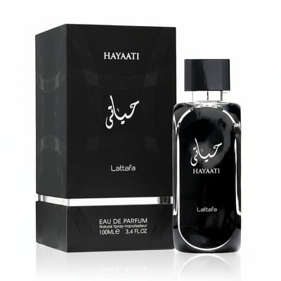 Hayaati Men Lattafa edp pembungkusan minyak wangi hitam latar putih dekat