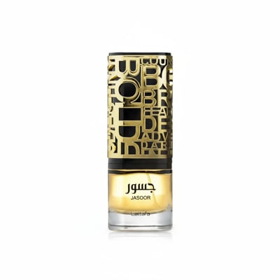 Jasoor Lattafa perfume unisex glass bottle yellow gold minimalistic design closeup front