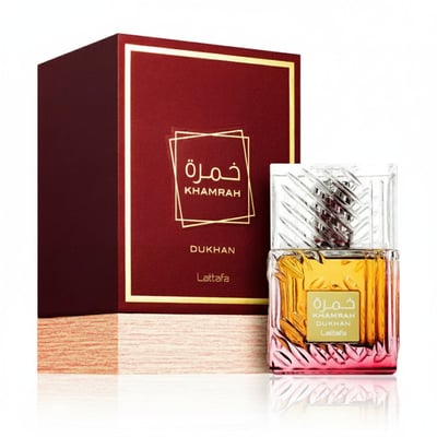 Khamrah Dukhan Lattafa unisex edp glass bottle box red minimalist lifestyle
