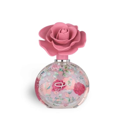 Layaan Lattafa edp bottle pink rose flower design elegant round