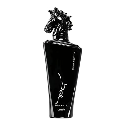 Maahir Black Edition Lattafa black glossy cologne sleek rectangular glass container closeup