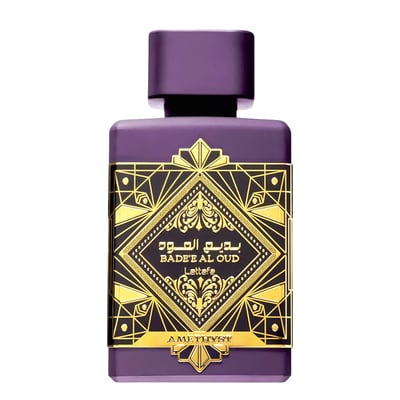 Badee Al Oud Amethyst Lattafa edp unisex botol ungu rekaan hitam emas