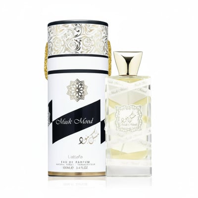 Musk Mood Lattafa unisex edp, botol kaca, kotak putih elegan hitam gold
