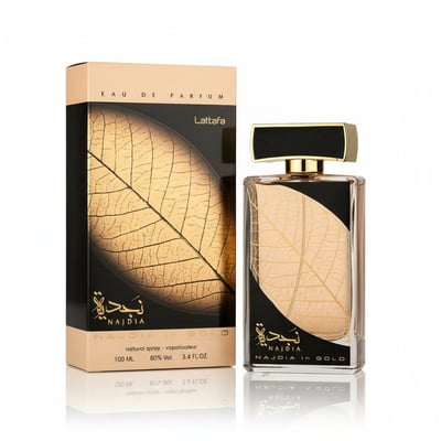 Najdia in Gold Lattafa unisex edp bottle and box side white clean closeup top