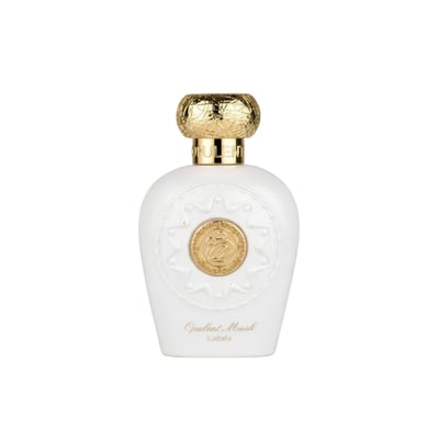 Opulent Musk Lattafa white perfume bottle gold cap closeup front side minimalist