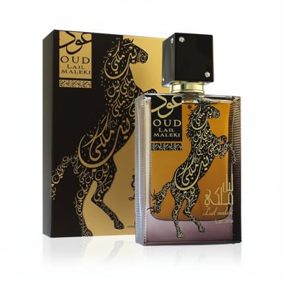 Oud Lail Maleki Lattafa bottle beside packaging white background closeup side view