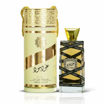 Oud Mood Lattafa unisex edp botol latar belakang putih dekat sudut sisi