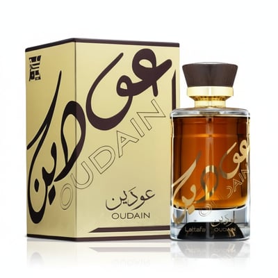 Oudain Lattafa perfume botol kaca kotak label arab gelap samping putih