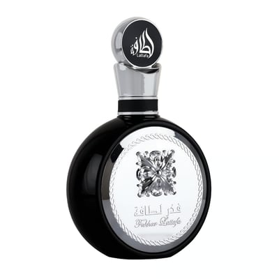 Fakhar Silver edp lelaki botol kaca bulat hitam sleek dekat