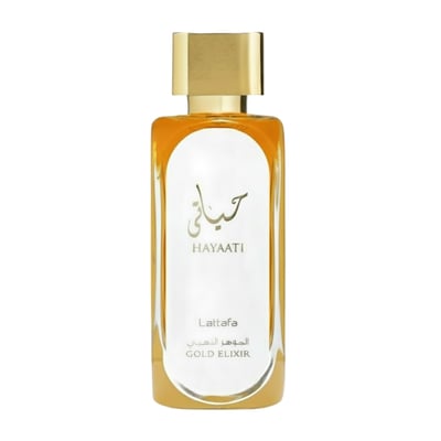 Hayaati Gold Elixir Lattafa fragrance unisex botol latar belakang putih dekat depan