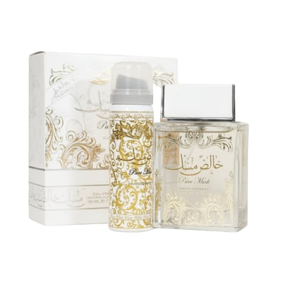 Pure Musk Lattafa edp botol emas putih latar polos sudut sisi dekat