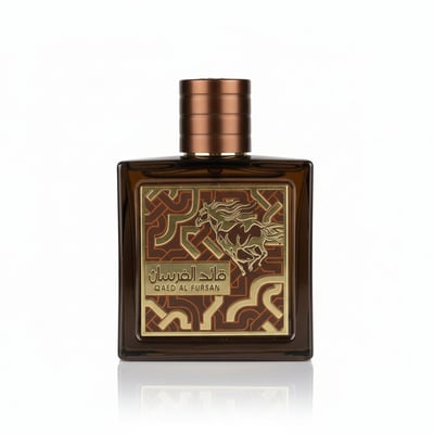 Qaed Al Fursan Untamed Lattafa edp perfume botol kotak kaca tembaga dekat