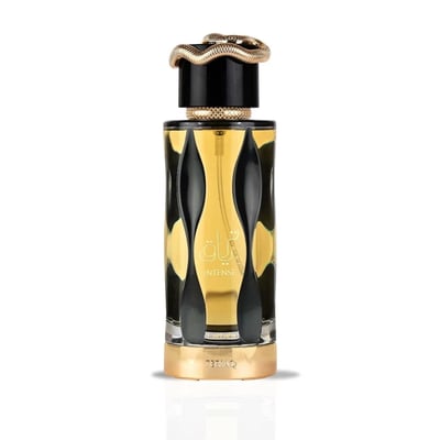 Teriaq Intense Lattafa eau de parfum botol kaca hitam kuning-emas, mewah classy