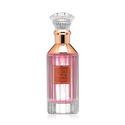 Velvet Rose Lattafa merah jambu unisex botol classy atas putih, pastel