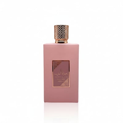 Ameerat Al Arab Prive Rose Lattafa pink glass bottle gold cap detail closeup