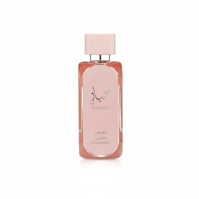 Hayaati Florence Lattafa edp perempuan botol latar belakang putih dekat sudut sisi