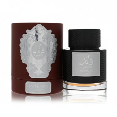 Qaaed Intense Lattafa perfume bottle and box jewelry white clean background