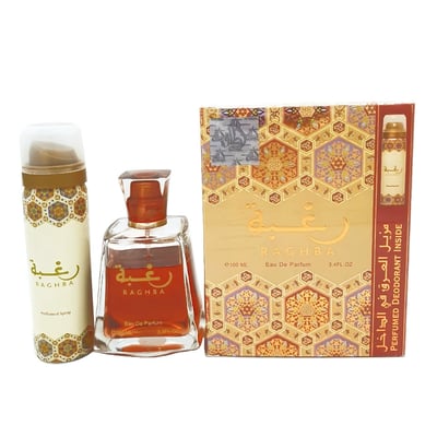 Lattafa raghba unisex eau de parfum bottles in packaging on white background closeup view side angle