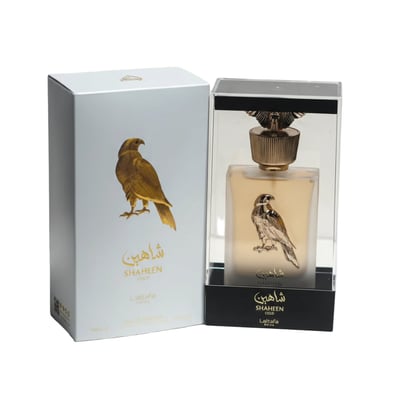 Shaheen Gold Lattafa unisex packaging white background closeup view