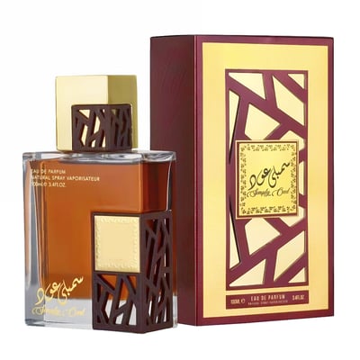 Lattafa Simply Oud eau de parfum botol kaca coklat kotak dekat
