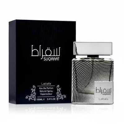 Botol perfume Suqraat Lattafa edp lelaki kaca perak, pembungkusan hitam, latar putih
