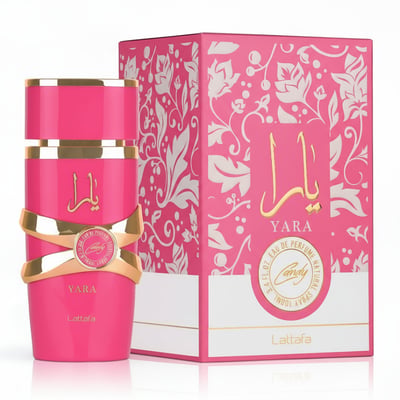 Yara Candy Lattafa pink perfume botol dan kotak depan latar belakang putih
