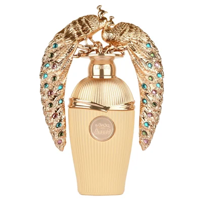 Afeef Lattafa edp gold bottle ornate peacock design cap closeup front