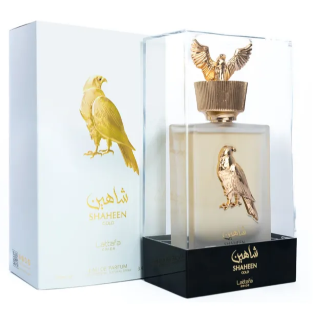 Shaheen Gold Lattafa Pride edp perfume bottle box white cap golden eagle bird standing upright