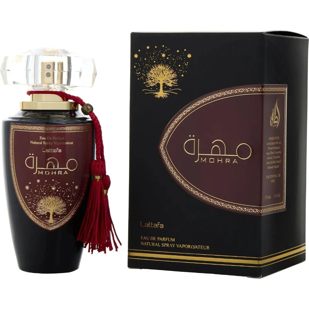 Mohra Lattafa edp perfume bottle and box black gold ornament elegant tree design