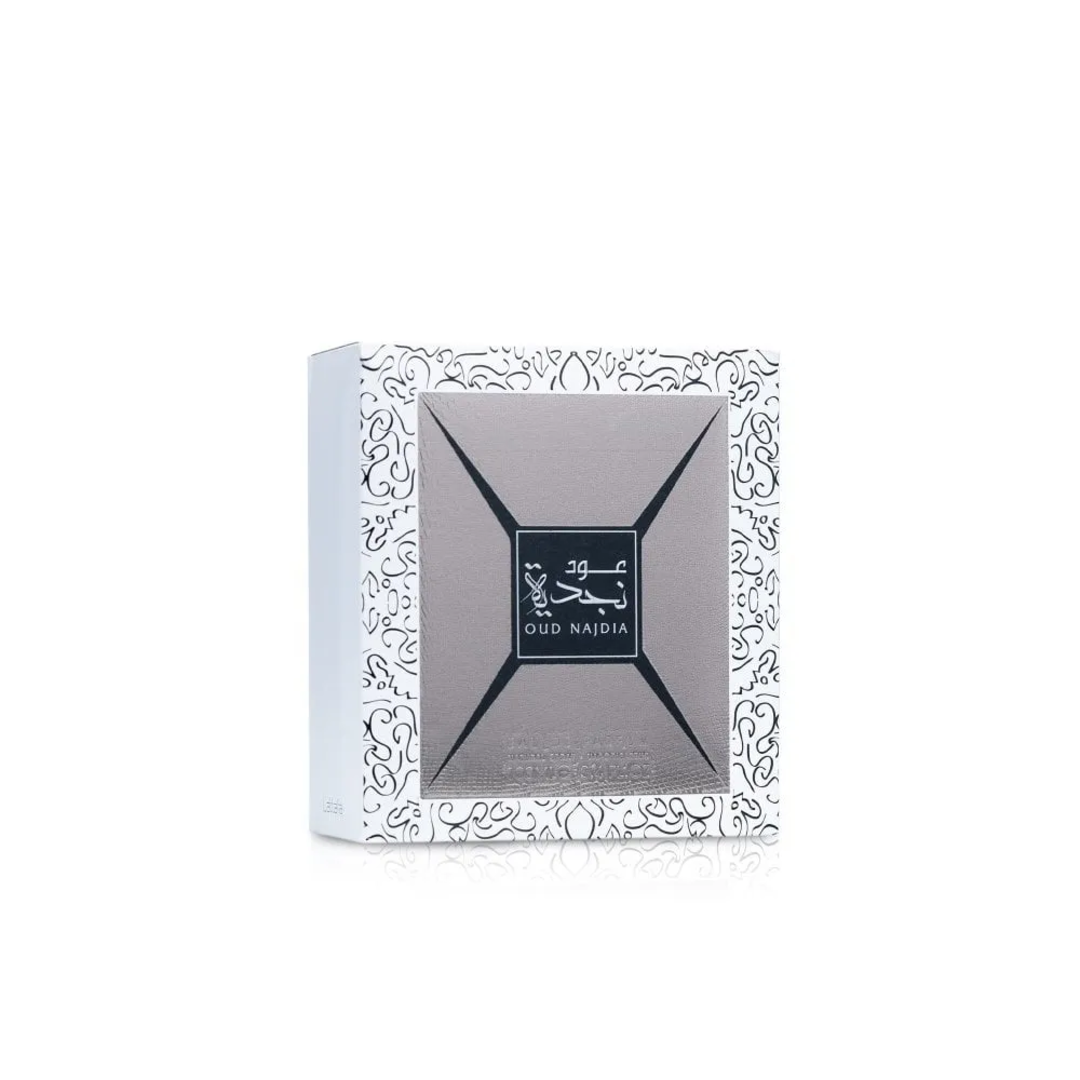 Oud Najdia Lattafa perfume packaging white background closeup grey square design