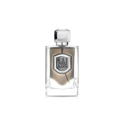 Liam Grey Lattafa edp perfume clear glass bottle silver cap logo engraved