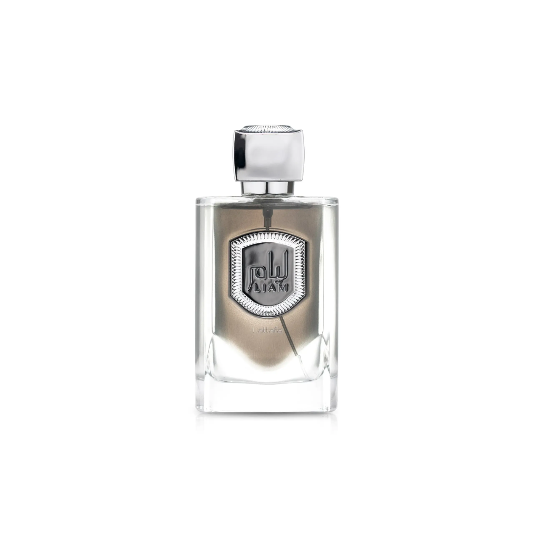 Liam Grey Lattafa edp perfume clear glass bottle silver cap logo engraved