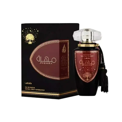 Mohra Lattafa edp perfume bottle and box black gold ornament elegant design