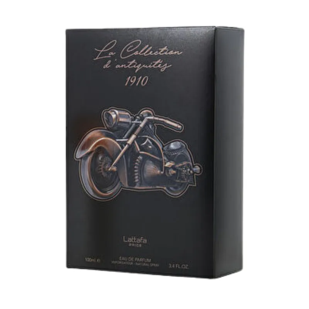 La Collection 1910 Bike Lattafa Pride black packaging motorcycle design side view closeup