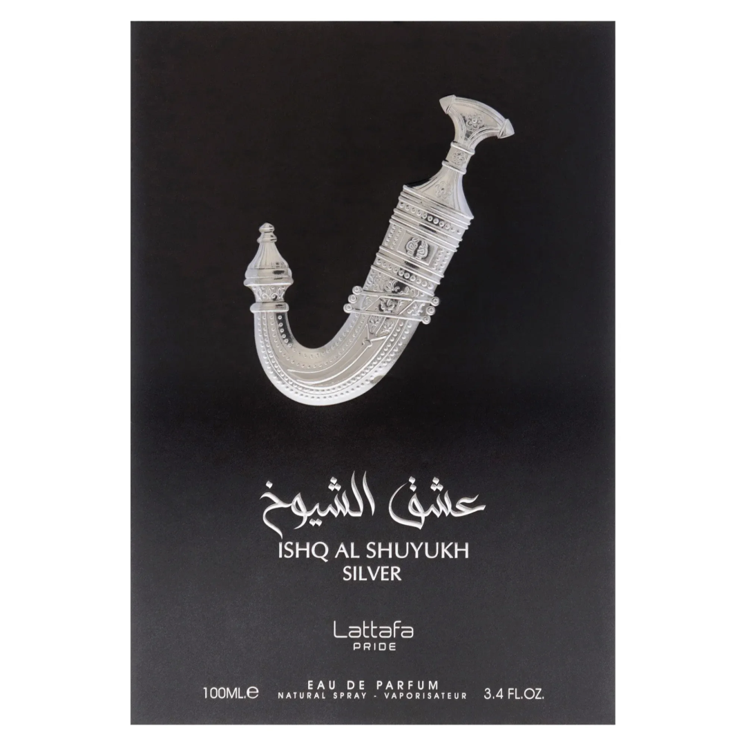 Ishq Al Shuyukh Silver Lattafa Pride edp packaging closeup black background design