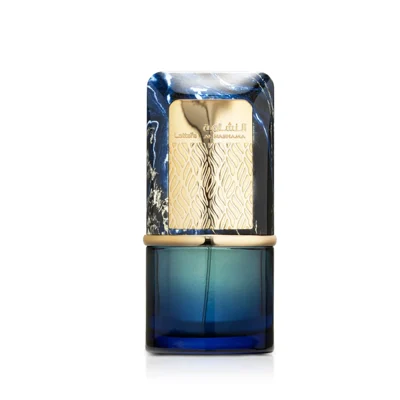Al Nashama Caprice Lattafa blue glass fragrance white background closeup front side