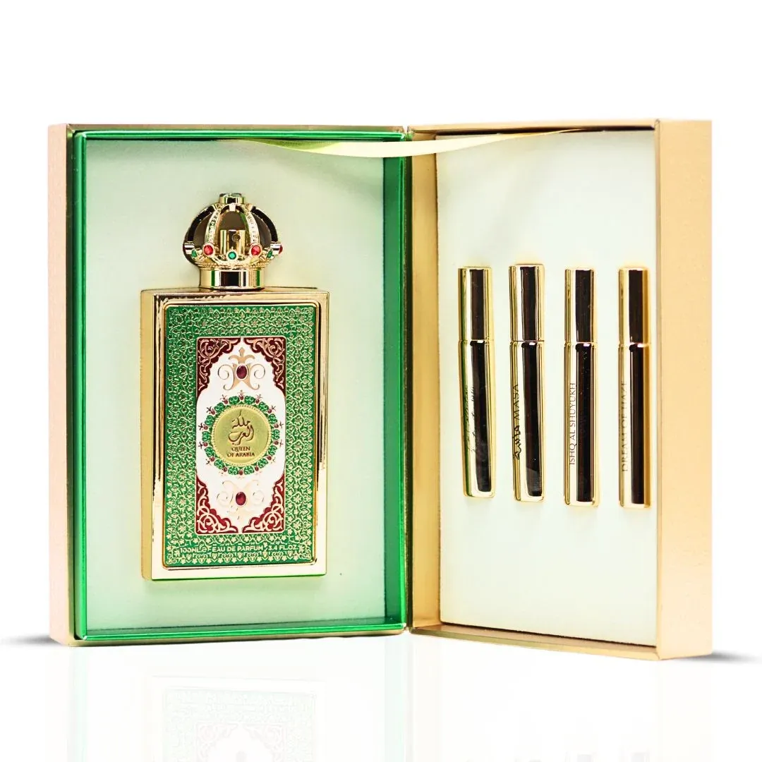 Queen Of Arabia Lattafa Pride green gold boxed set eau de parfum bottles inside open