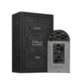 Maharjan Silver Lattafa Pride edp black packaging white background closeup side angle