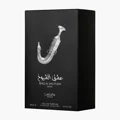 Ishq Al Shuyukh Silver Lattafa Pride edp black packaging closeup front view details