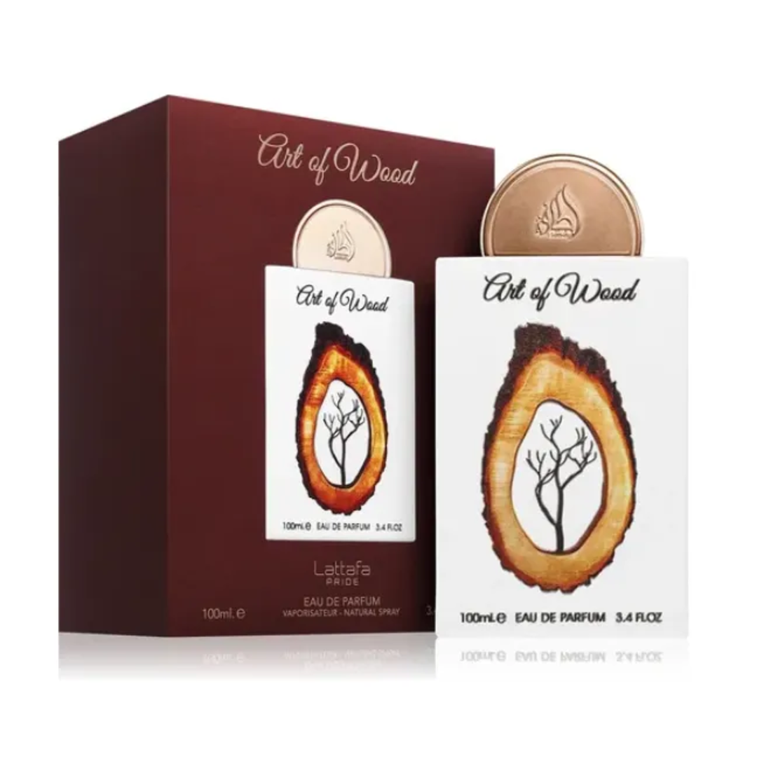 Art of Wood Lattafa Pride edp brown box and white bottle tree design closeup side