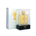 Al Areeq Gold Lattafa Pride edp perfume bottle in clear plastic case white background