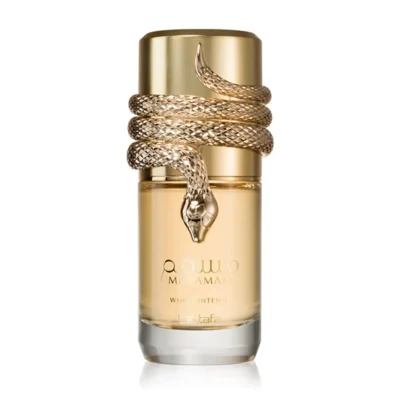 Musamam Intense Lattafa edp gold fragrance stylish glass golden snake wrapped around
