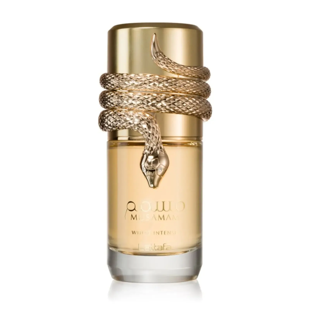 Musamam Intense Lattafa edp gold fragrance stylish glass golden snake wrapped around