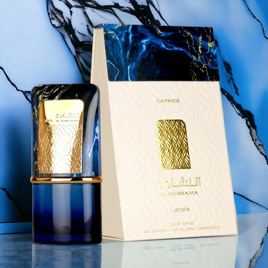 Al Nashama Caprice Lattafa blue edp perfume bottle marble background white packaging gold