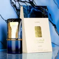 Al Nashama Caprice Lattafa blue edp perfume bottle marble background white packaging gold