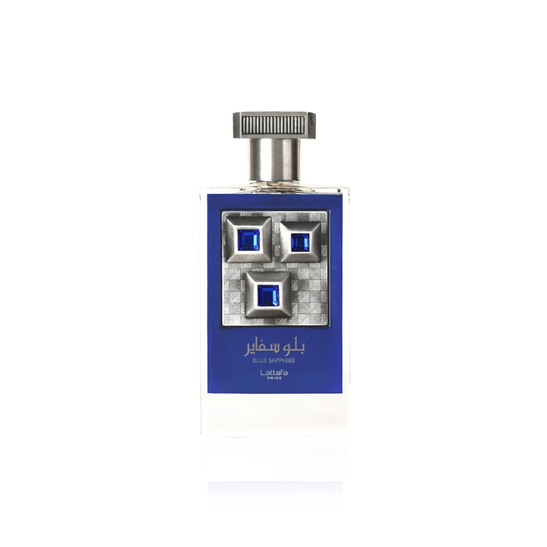 Lattafa Pride Sapphire Blue edp perfume glass bottle blue silver minimalist white clean studio